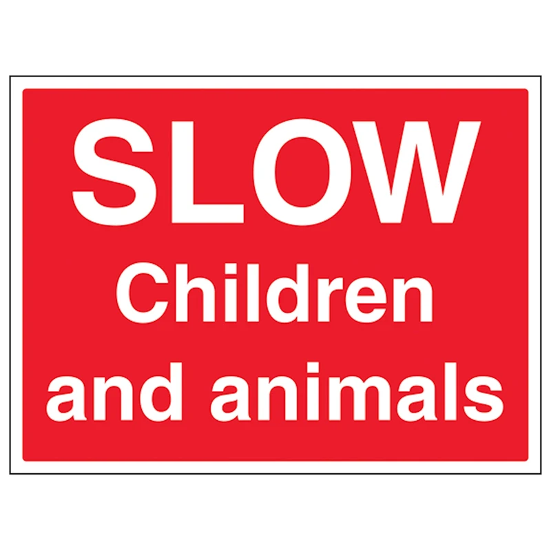 V Safety Slow, Children And Animals - Large Landscape 600 x 450 mm - Glow In The Dark Self Adhesive Vinyl Safety Sign