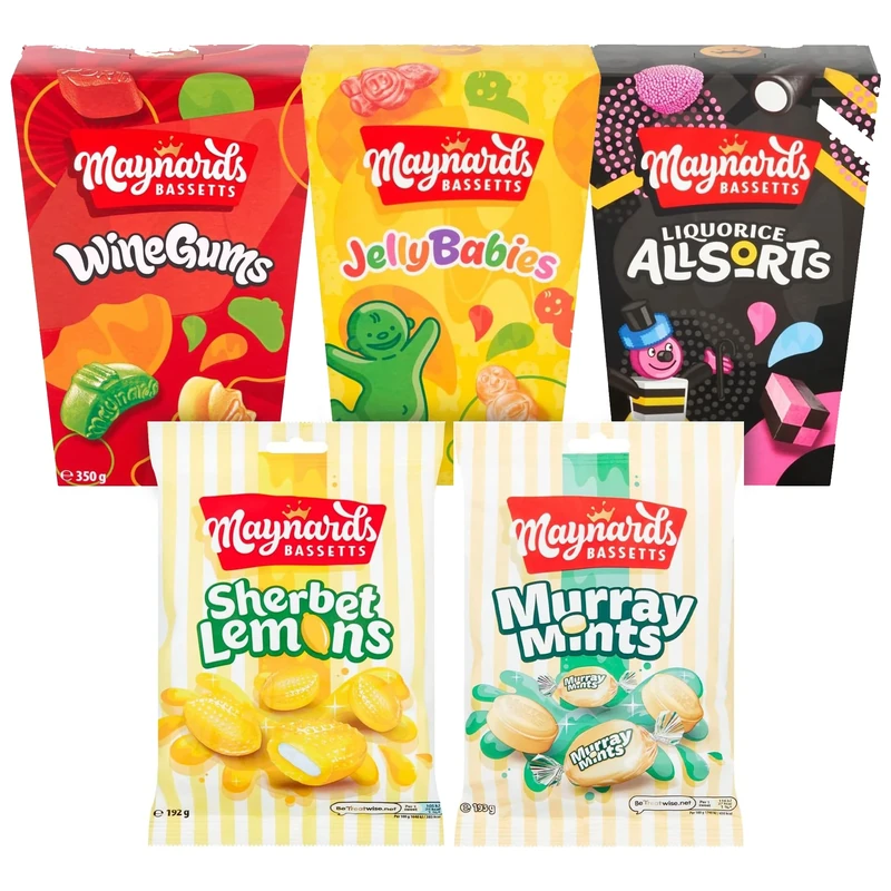 Maynard Bassetts Old School Favourites Sweet Bundle, Includes 350 g Liquorice Allsorts, 350 g Winegums, 193 g Creamy Murray Mints, 192 g Tangy Sherbet Lemons & 350 g Jelly Babies