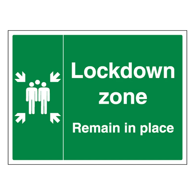 V Safety Lockdown Zone with Family - Remain in Place 600 x 450 mm - Glow In The Dark Self Adhesive Vinyl Safety Sign