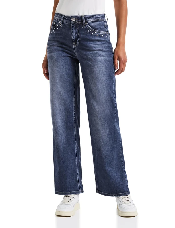 Street One Women's A379428 Wide Leg Jeans with Studs, Mid Blue Soft Washed, 28W x 30L