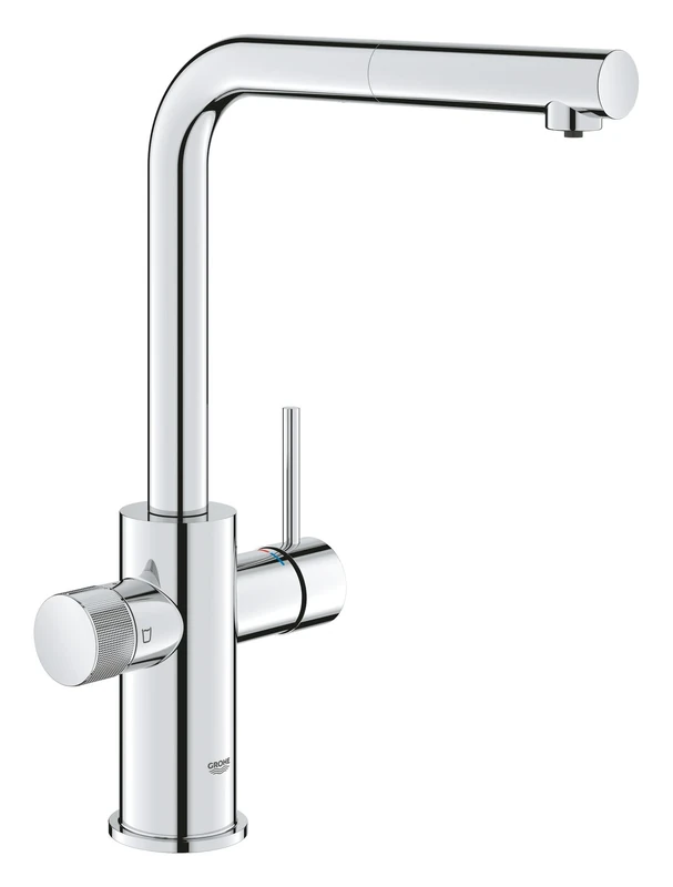 GROHE Blue Pure Minta – 3 Way Pull Out Water Filter Tap (High L-Spout, Swivel Area 360°, Dedicated Filter Handle, 28mm Ceramic Cartridge, 3/8 Inch Tails, Needs a Filter Starter Set), Chrome, 30590000