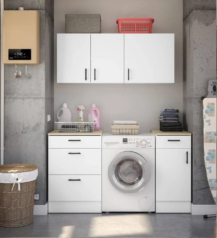 Dmora - Laundry Set Lodrino, Modern Laundry Composition, Space-saving Solution for Washing Area, White and Oak