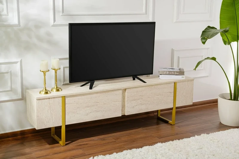 Dmora - TV stand Gussola, Living room sideboard, Low cabinet for TV, Equipped wall base, 180x30 h50 cm, Beige and Gold