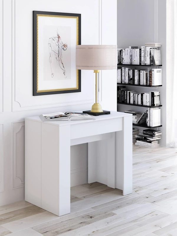 Dmora - Extendable console Maclodio, transformable into a dining table, space-saving and extendable up to 237 cm, 90-237x76,6x90 cm, White wood effect