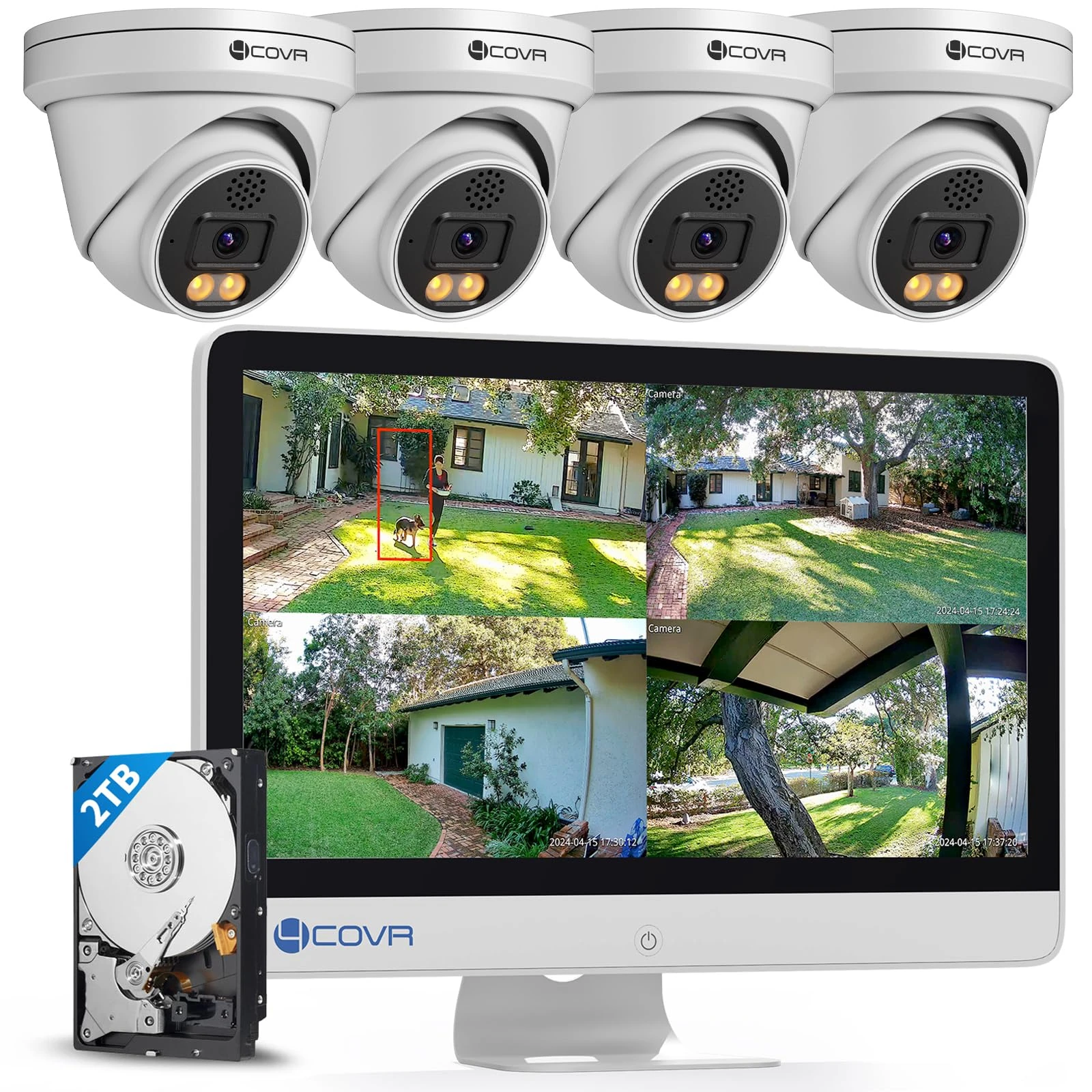 4COVR PoE CCTV Camera Systems with Monitor, 8CH 4K NVR with 2TB HDD, 4X Security Dome 5MP IP Camera IP67 Outdoor, Person Vehicle Detection, 2-Way Talk & Smart Full Color Night Vision, ELY97KA5MU804