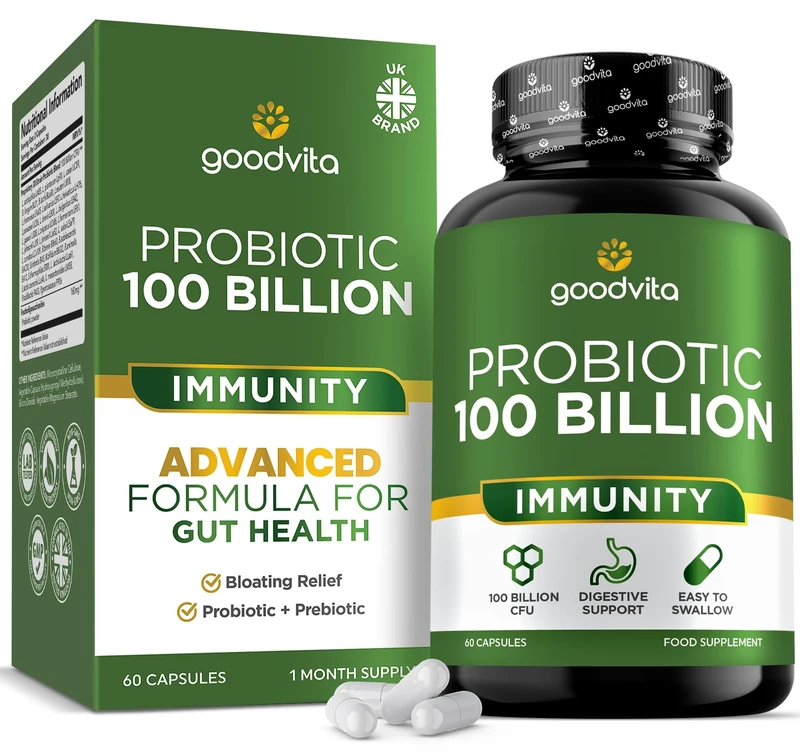 Goodvita Probiotics for Gut Health | UK Made | High Strength 100 Billion CFU | 60 Capsules, 1 Month Supply | Digestive + Immunity Support | 30 Live Strain Complex Inc Prebiotics | Women + Men