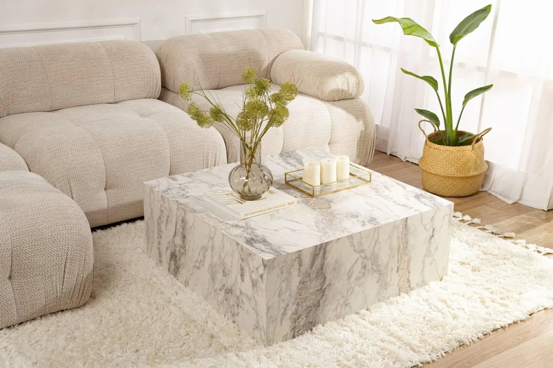Dmora - Coffee table Lemina, Low coffee table, Magazine rack for sofa, Living room shelf, 90x90 h35 cm, Marble