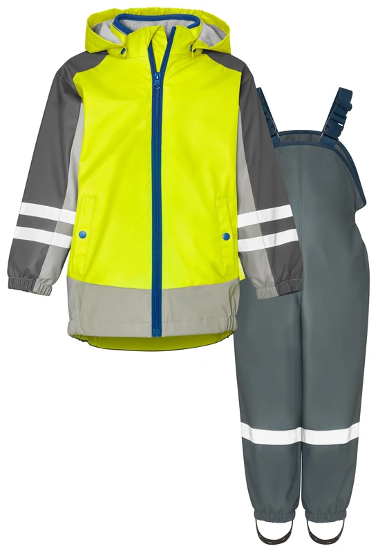Playshoes Rain Set Two Piece 3-in-1 Rain Jacket and Rain Trousers Fleece Lining, 3-in-1 yellow-grey fleece, 140 cm