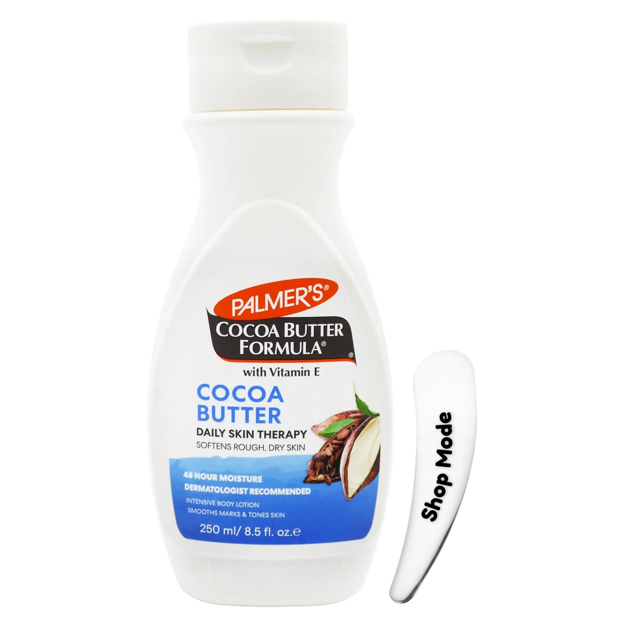 Palmer's Cocoa Butter Body Lotion 250ml with Cosmetic Spatula – Deep Moisturising Daily Skin Therapy with Vitamin E – For Dry Skin, Tones & Smooths Marks, 48 Hour Hydration