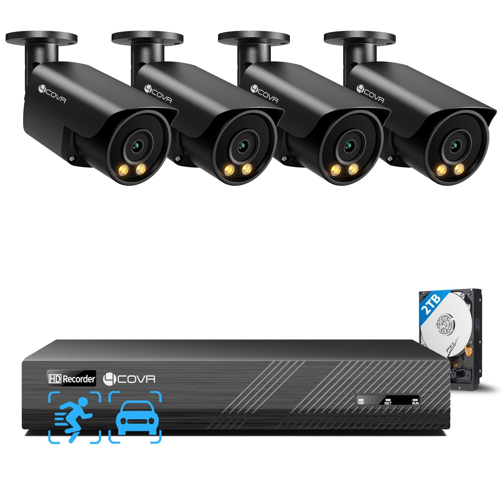 4COVR PoE CCTV Camera Systems 4K, 2 Way Audio & Smart Color Night Vision, 4X 8MP Bullet PoE IP Security Cameras IP67, Person Vehicle Detection, 8CH 4K NVR 2TB HDD, 24/7 Home Video, ELY37YB8M0804