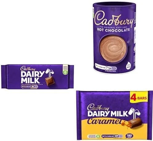 Cadbury Cosy Night In Bundle Includes 500 g Irresistible Smooth Hot Chocolate, 180 g Dairy Milk Chocolate & 4 x 37 g Dairy Milk Caramel Chocolate Bars