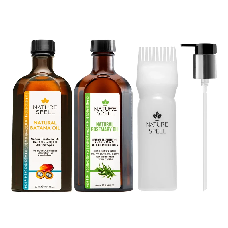 Nature Spell Hair Growth Duo with Rosemary & Batana Oils, Pre-Diluted Oil Set to Stimulate Growth & Strengthen Dry Strands, with Applicator & Pump, For All Hair Types, Vegan