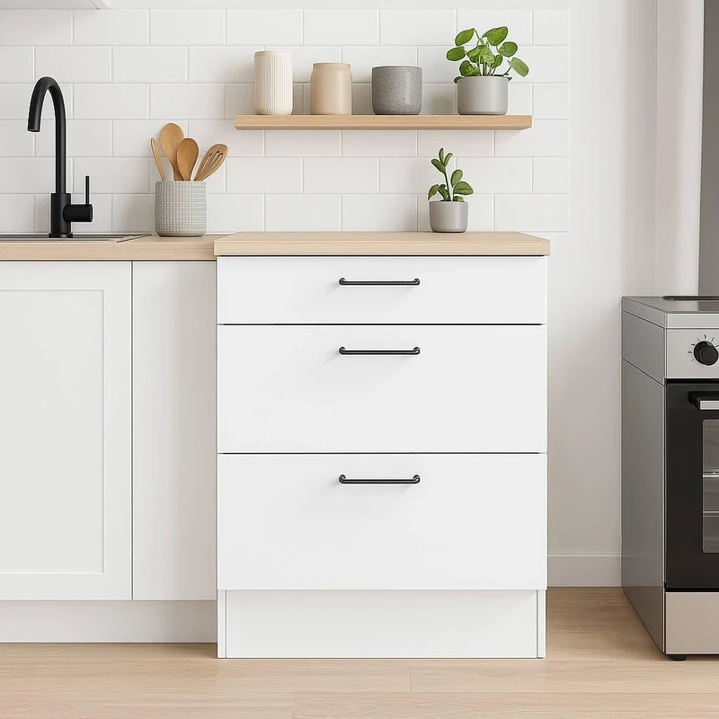 Dmora - 3 Drawer Cabinet Cuggiono, Kitchen Cabinet, Storage Module with Drawers, Base with Pull-out Drawers, 60x60 h90 cm, White and Oak