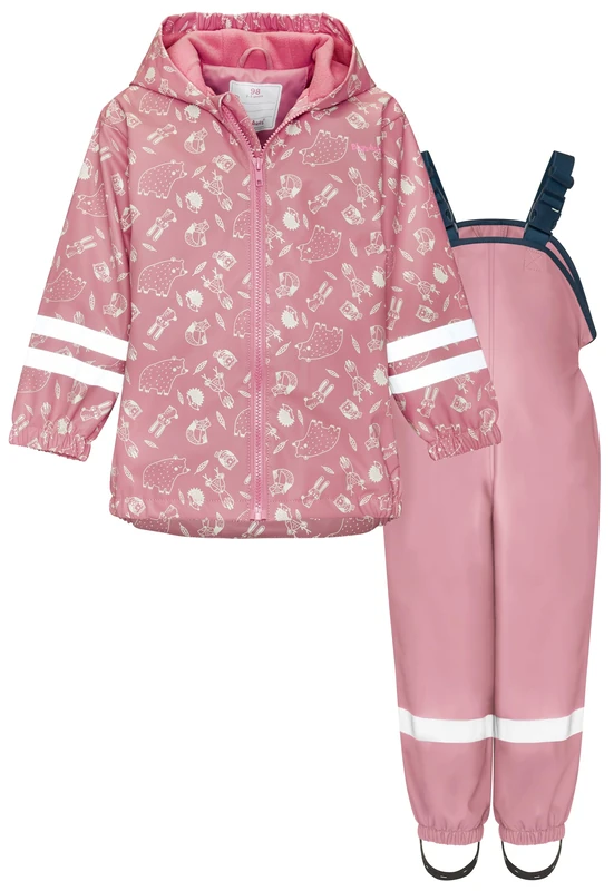 Playshoes Two-piece rain suit, fleece lining, lined mud suit, Forest Animals Pink, 104