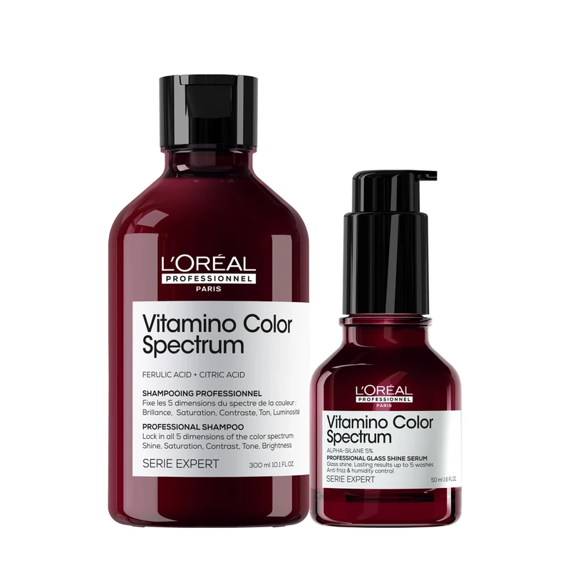 L'Oréal Professionnel Vitamino Color Spectrum Shampoo and Glass Shine Hair Serum 50ml, For Coloured Hair, Anti-Frizz, Anti-humidity, Ferulic Acid + Citric Acid, Lock in Colour Vibrancy for 100 Days