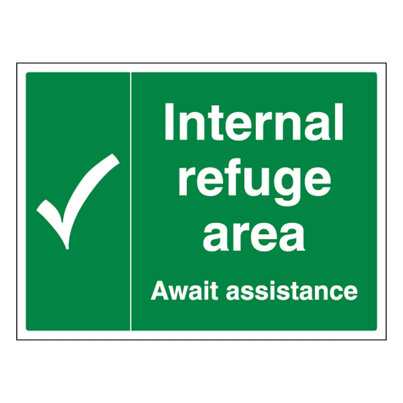 V Safety Internal Refuge Area with Tick 600 x 450 mm - Glow In The Dark Self Adhesive Vinyl Safety Sign