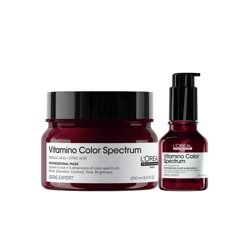 L'Oréal Professionnel Vitamino Color Spectrum Hair Mask and Glass Shine Hair Serum 50ml Set, Smooth & Glass Shine Hair, No Frizz, Anti-humidity, With Ferulic Acid + Citric Acid, For Coloured Hair