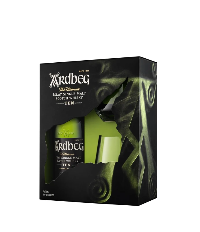 Ardbeg Ten 10 Year Old Whisky Single Malt 46% 70cl gift set with 2 glasses