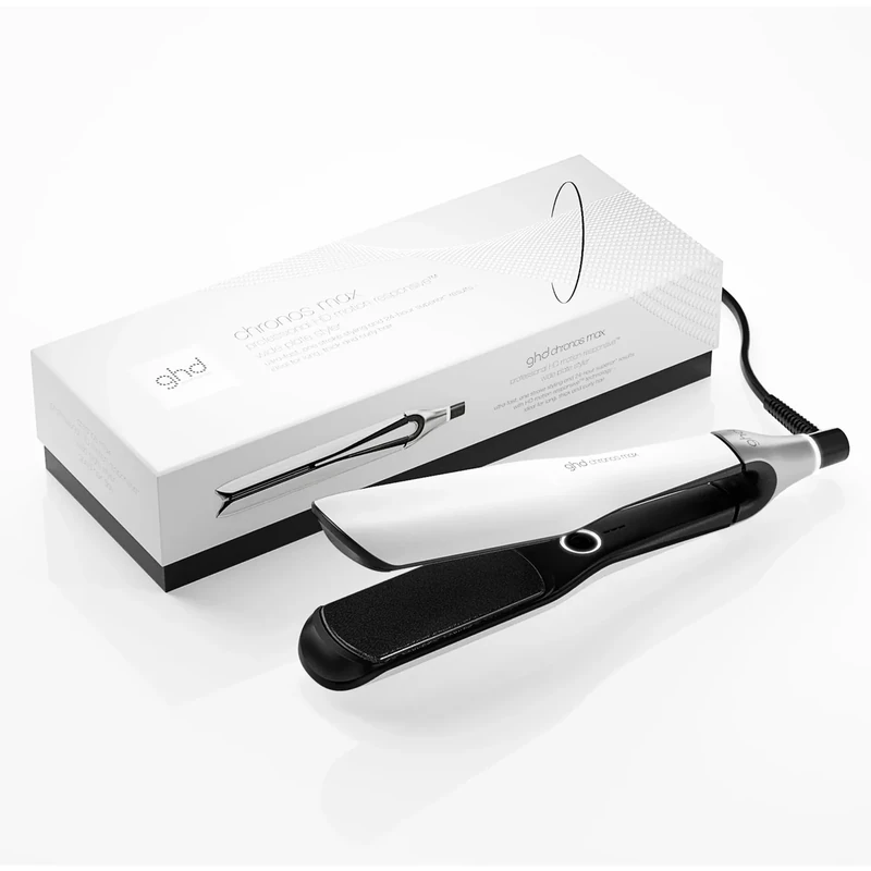 ghd Chronos Max - Wide Plate Hair Straighteners, 3X Faster Hair Styling in One Stroke for 90% More Shine, 2.5X Less Frizz Lasting 24hr, No Extreme Heat Damage, Ideal for Thick & Curly Hair, UK - White