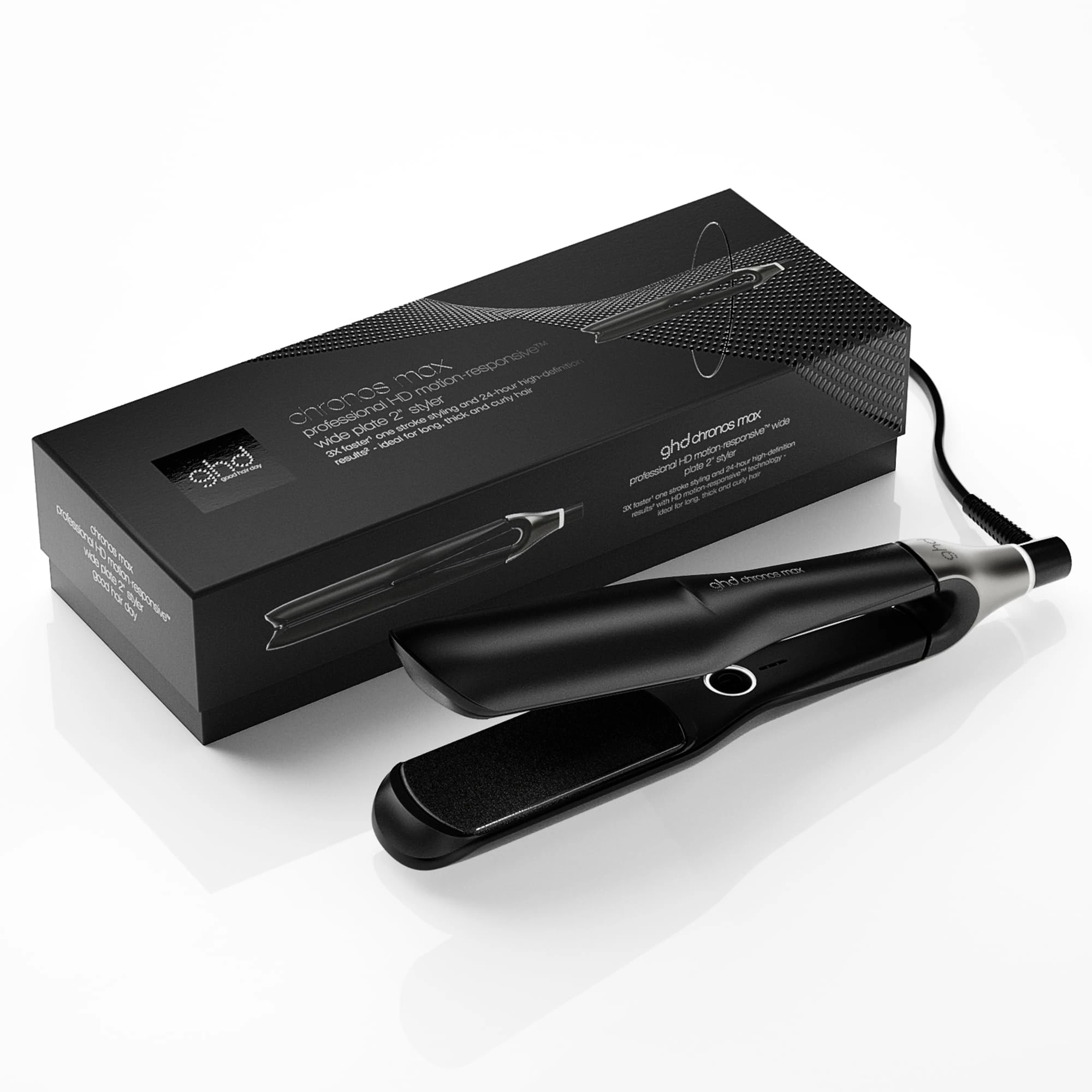 ghd Chronos Max - Wide Plate Hair Straighteners, 3X Faster Hair Styling in One Stroke for 90% More Shine, 2.5X Less Frizz Lasting 24hr, No Extreme Heat Damage, Ideal for Thick & Curly Hair, UK - Black