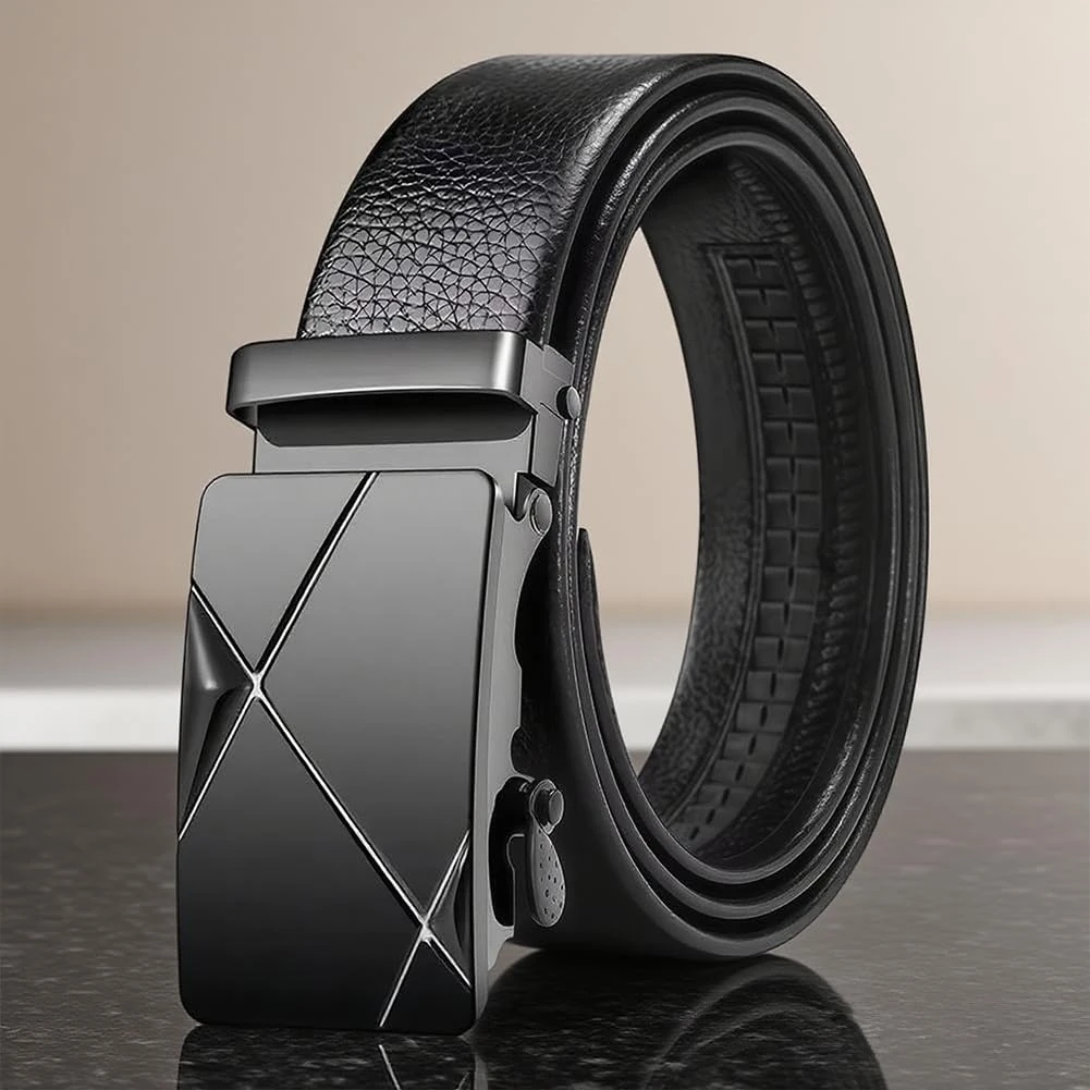 Men’s Leather Belt Slide Ratchet Belts Fashion Classic Waistband with Toothless Automatic Buckle, Black, 51.18IN