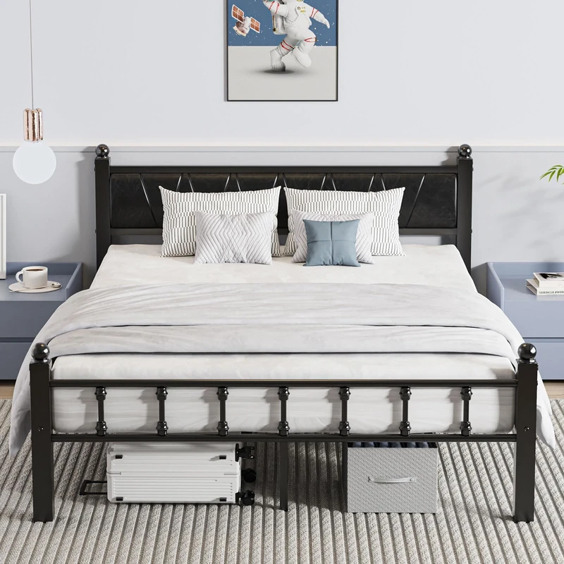 Slumber Haven Bed Frame with Headboard PU Leather Upholstered Bed Frame Platform,Black