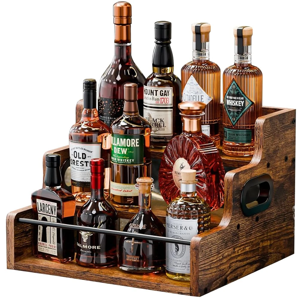 Doaizer Liquor Bottle Display Shelf, Wooden Coffee Syrup Rack Organizer, 3 Step Retro Countertop Liquor Wine Rack, Mini bar, Liquor Cabinet, Home Bar Shelf Stand Liquor Whiskey, Spirits for Party