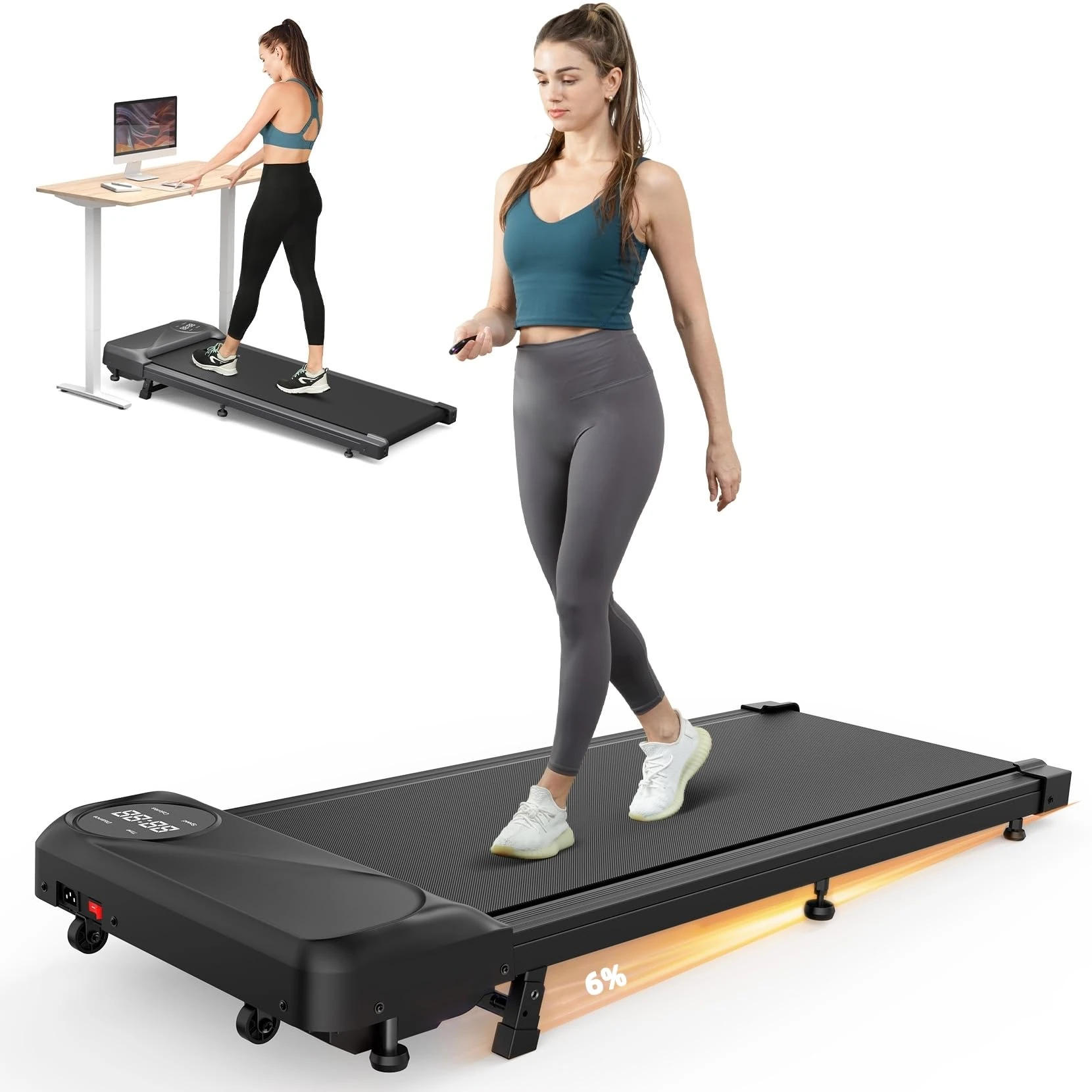 THERUN Walking Pad Treadmill with 6% Incline, Portable Under Desk Treadmill with Remote and LED Display, Walking Jogging Machine with 2.5HP Powerful motor & 265 LBS Weight Capacity for Home Office
