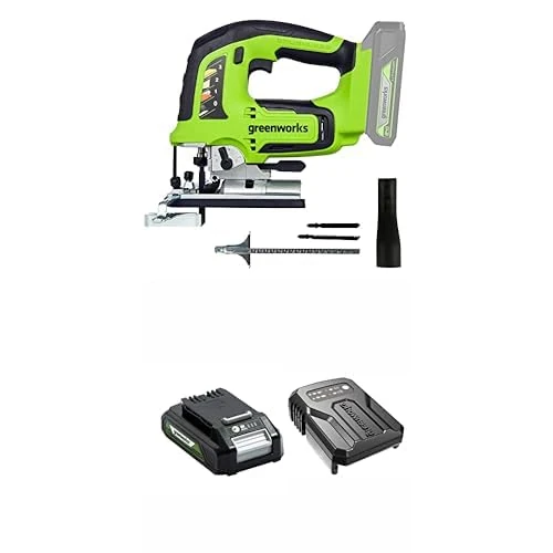 Greenworks GD24JS Cordless Jigsaw 3000spm with Adjustable Base + Vacuum Attachment + 24V 2Ah Battery & Charger + 3 Year Guarantee
