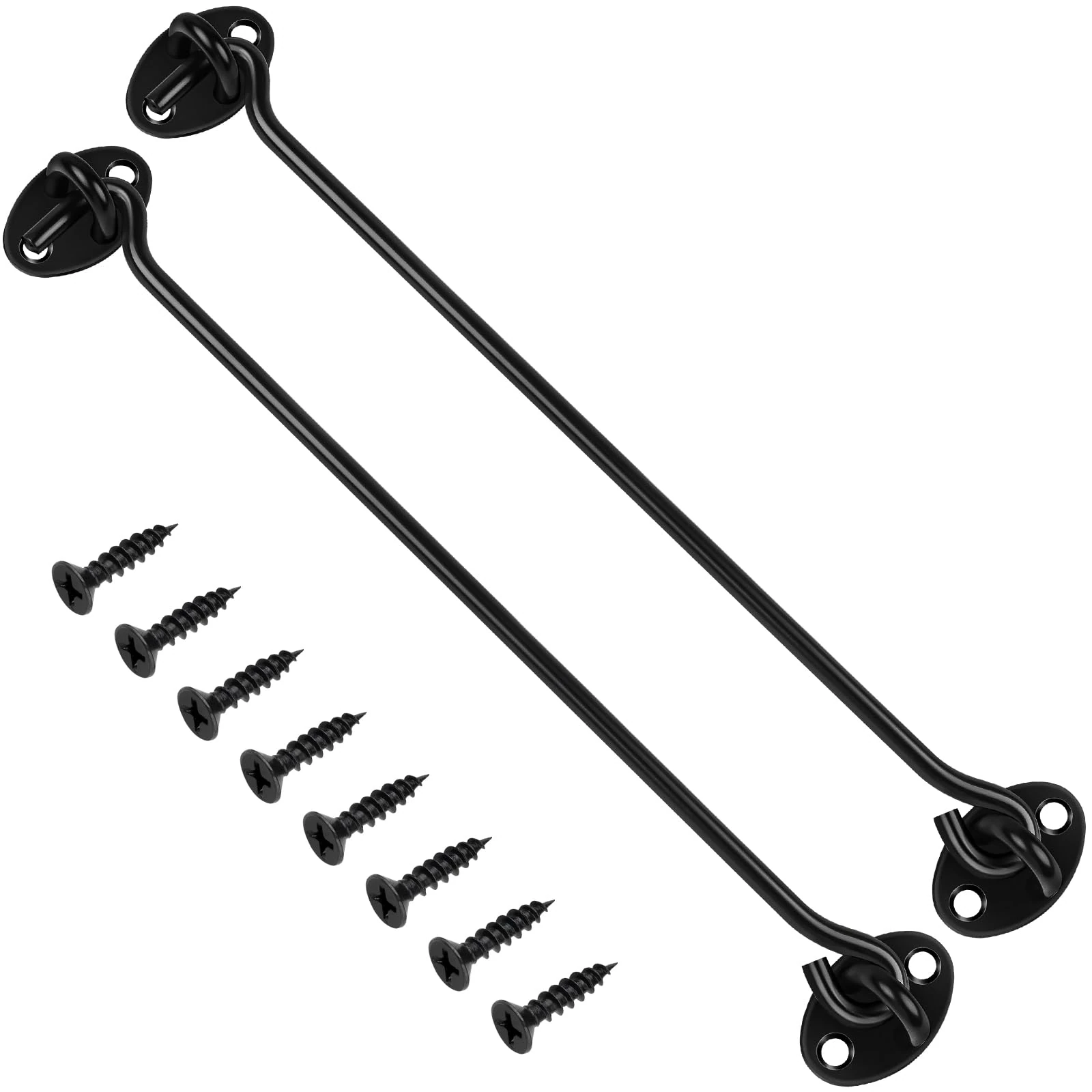 2 Pack Hook and Eye Latch, 10 Inch Black Cabin Hooks Stainless Steel Eye Gate Latch Easy Lock, Long Sliding Door Hooks Barn Door Catch with Screws for Outdoor Garden Shed Patio Window Wooden Gates