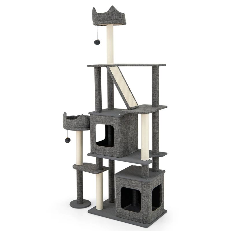 GYMAX Cat Tree, 180 cm Multi-Level Cat Tower with Sisal Scratching Posts & Board, Removable Condos, Perch, Bed, Dangling Balls, Modern Kitty Climbing Tower for Indoor Cats