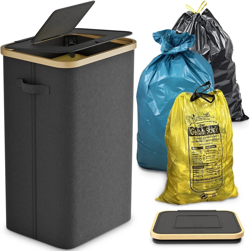 DOKRVLOQ Yellow Bag Stand Stable with Lid - Large Bin & Rubbish Bag Holder for Kitchen & Household | 100L Rubbish System Container Black - Practical Bin Bag Stand