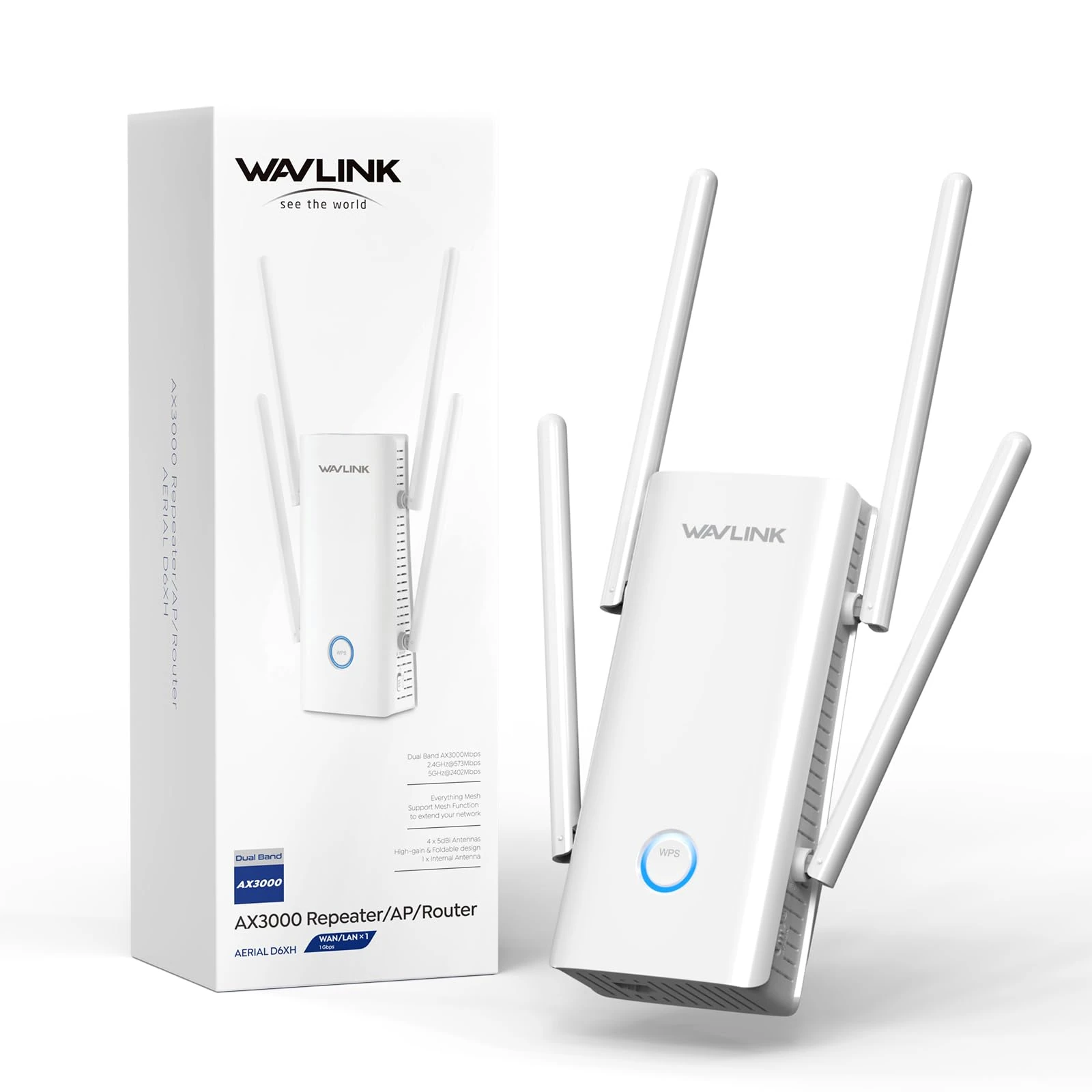 WAVLINK WiFi Extender Booster Wifi 6 AX3000 with Ethernet Port for Home, 5*5dBi Antennas WiFi Booster Range Extender, Internet Booster, Access Point, Dual Band (5GHz/2.4GHz), Coverage up to 3000sq.ft