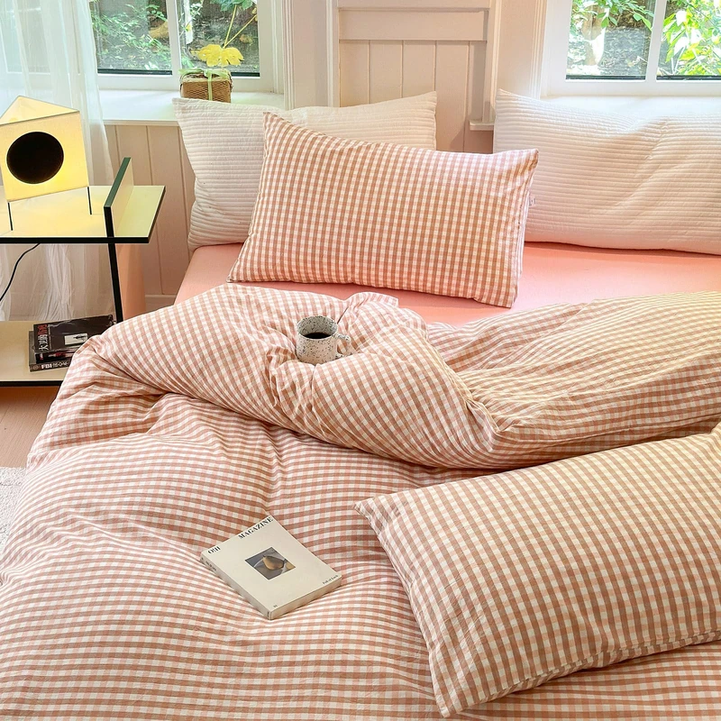 LifeTB Queen Comforter Set Pink Gingham Comforter Modern Style Blush Plaid Comforter Set 3 Pieces Grid Checkered Comforter with 2 Pillowcases Fluffy Soft Boho Gingham Bedding Set Queen Size