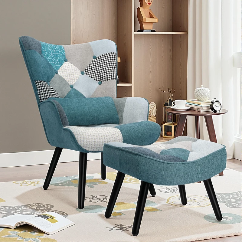 HomeMiYN Patchwork Chair,Accent Armchair with Ottoman Single Sofa with Footstool and Pillow,Fabric Upholstered High Back Armchairs Lounge Chair for Living Room Reading Bedroom Sky-blue