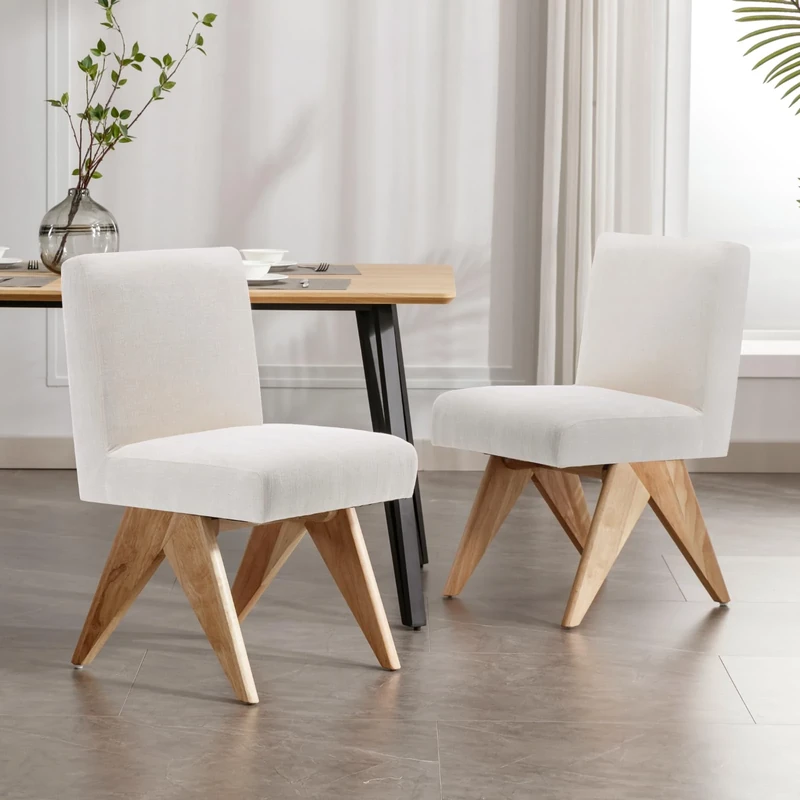 chairus Set of 2 Kitchen Chairs for Dining Room Upholstered Dining Chairs in Chenille Retro Armless Side Chair with Wooden Legs (Beige-2)