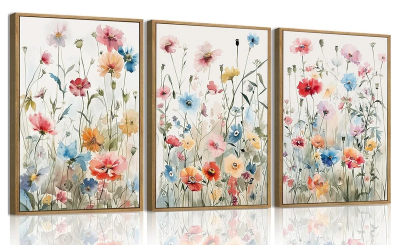 KISSFOX Colorful Wildflower Canvas Wall Art Set Of 3 Flowers Pictures Prints Flowers Printing Floral Watercolors Flower wall Decor Living Room Girls Bedroom Bathroom (Grey Blue, 12"x16" Natural Framed