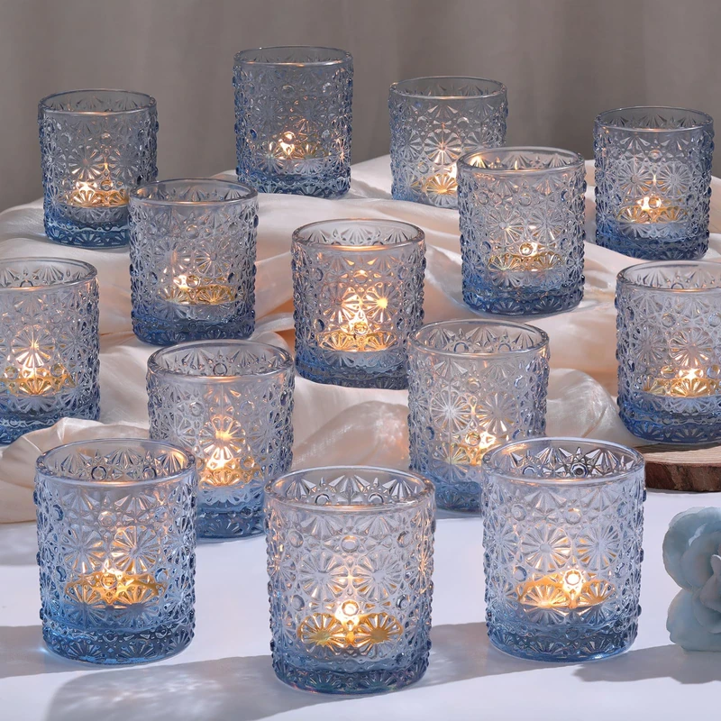 Blue Votive Candle Holder Set of 36, Flower Tea Lights Candles Holders for Wedding Table Centerpieces, Birthday Parties, Home Decor, Blue Bridal Shower and Holiday Decorations