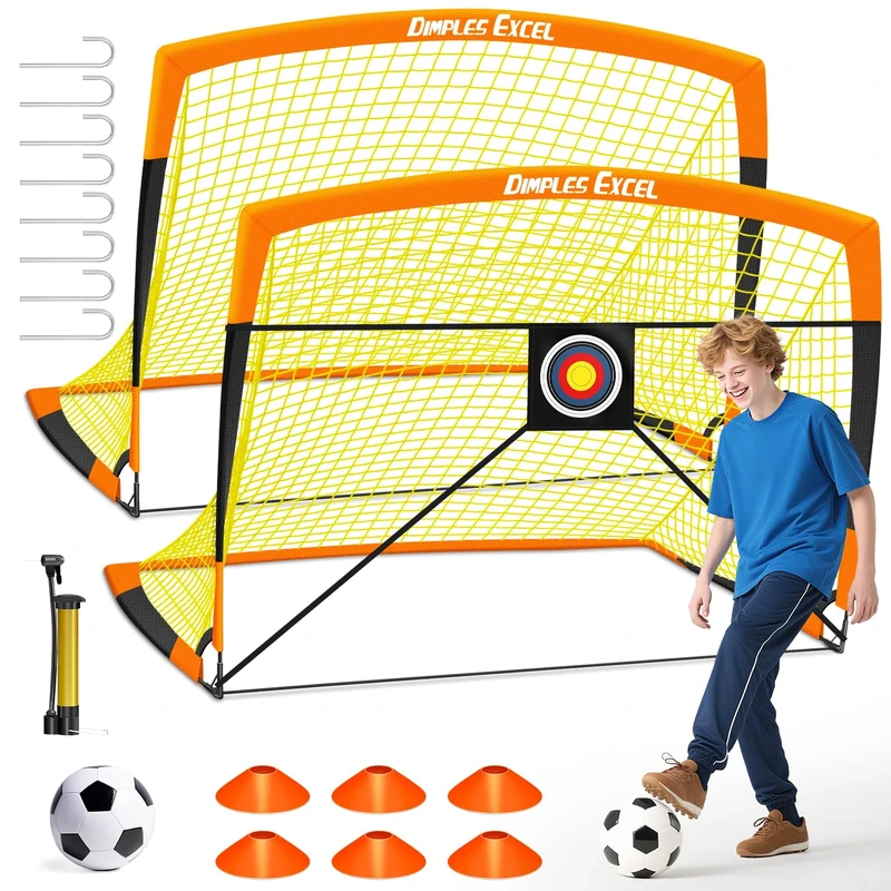Dimples Excel Pop-Up Football Goal Set – 5x3.6FT 2 Goals Black & Orange | Foldable Garden Nets with Ball, Pump, Target & Cones | Great Gift for Football Fans