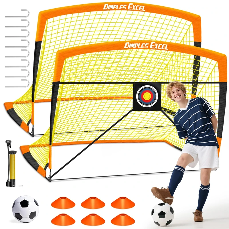 Dimples Excel Pop-Up Football Goal Set – 7x5FT 2 Goals Black & Orange | Foldable Garden Nets with Ball, Pump, Target & Cones | Great Gift for Football Fans