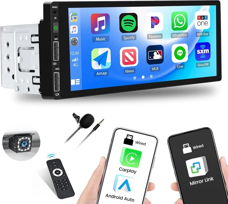 SIXTOP Single Din Car Stereo with Apple CarPlay Android Auto, 6.86" 1 Din Touchscreen Car Radio with Bluetooth 5.0 Mirror Link FM Radio Dual USB Head Unit + Backup Camera + Remote Control