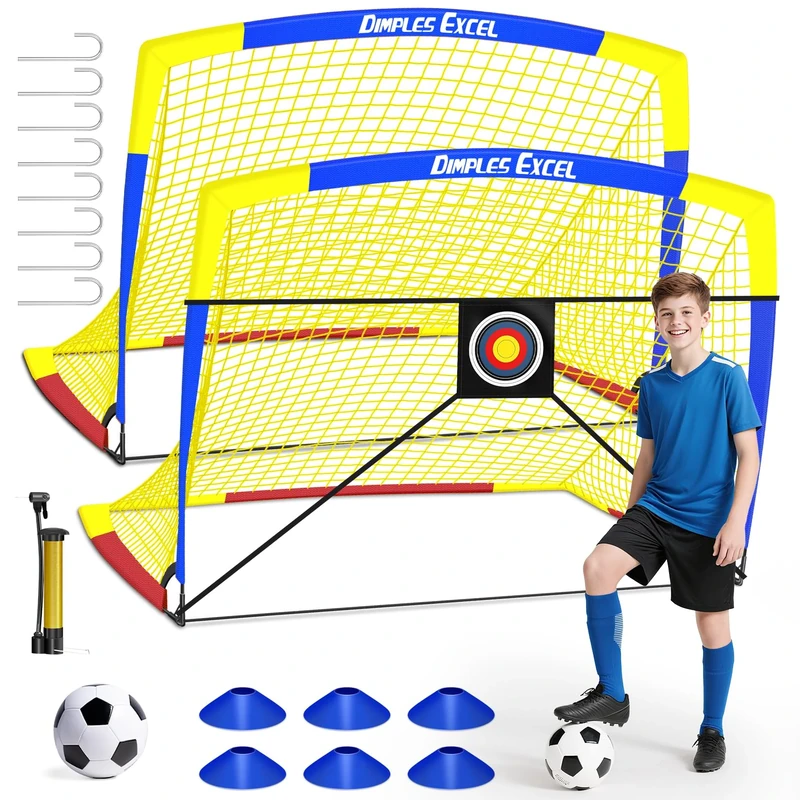 Dimples Excel Pop-Up Football Goal Set – 5x3.6FT 2 Goals Blue & Yellow | Foldable Garden Nets with Ball, Pump, Target & Cones | Great Gift for Football Fans