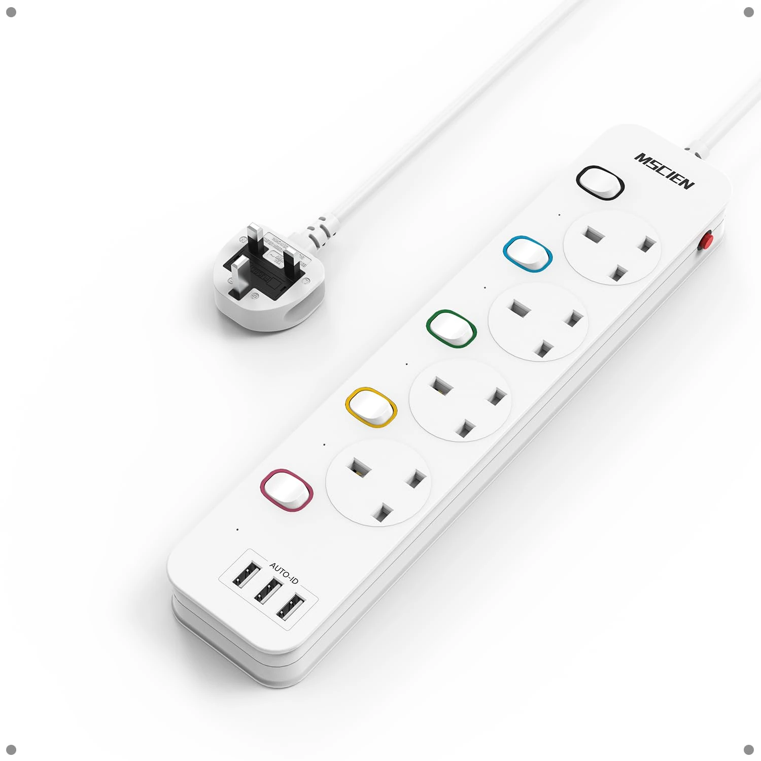 Mscien Extension Lead 6M with USB Slots 4 Way Wall Mounted, 6M Extension Lead Switched with Multiple Protection, Fused Power Strip 4 Sockets White, 13A/3250W