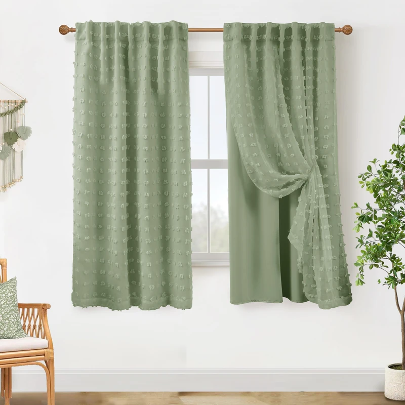 Lino Rosa 63 Inch Length Blackout Curtains for Bedroom,Boho Pom Pom Black Out Sage Green Room Darkening Back Tab Double Layer Curtains for Girls Room Nursery 63 Inch Long 2 Panels Set