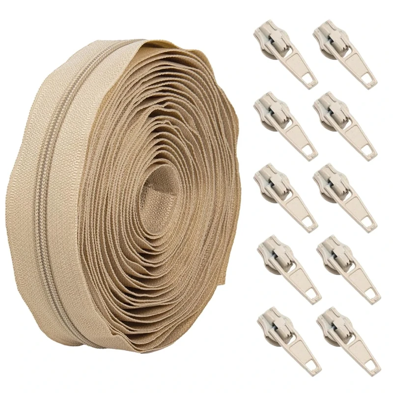 Continuous Zipping Chain 5m Beige Zippers Beige Cushions Upholstery zips Number 3 and 10 Pcs Sliders for Sewing