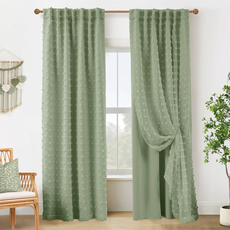 Sage Green Back Tab Pom Pom Curtains for Girls Room Bedroom Nursery Living Room Blackout Curtains Double Layer,96 Inch Length