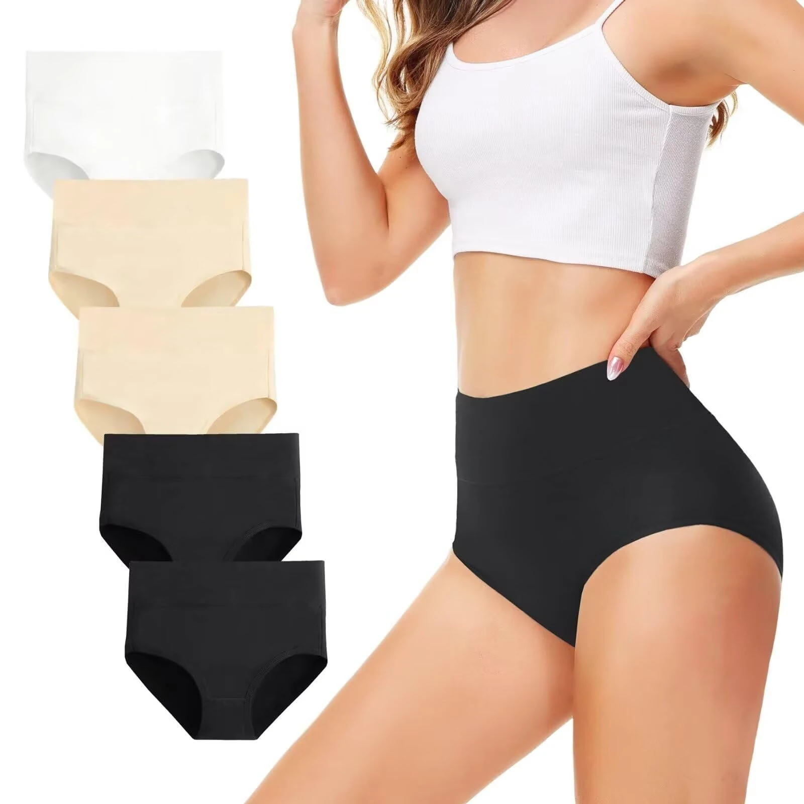 TUUHAW Underwear Women High Waisted Knickers for Women Size 8 Cotton White Pants Ladies Full Briefs Women's Knickers Black White Nude Skin Colour Womens Panties 5 Pack Moisture Wicking High Rise