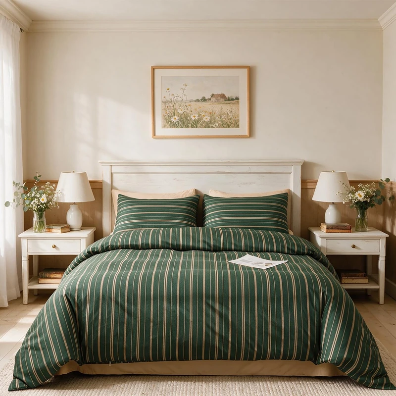 CLOTHKNOW Striped Queen Comforter Set 3Pcs Dark Green Bedding Comforter Sets Farmhouse Ticking Soft All Season Lightweight Comforter