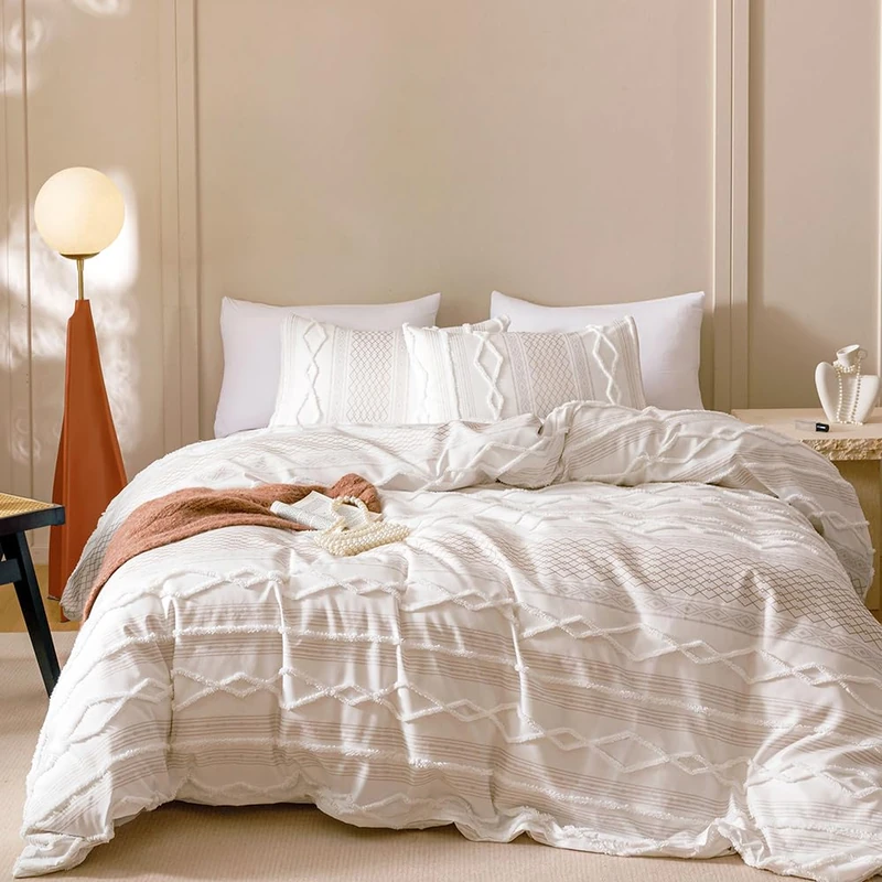CLOTHKNOW White Farmhouse Full Comforter Set 3Pcs Boho Bedding Comforter Sets Clipped Jacquard Stripes Comforter White Khaki Comforter Soft Bohemian