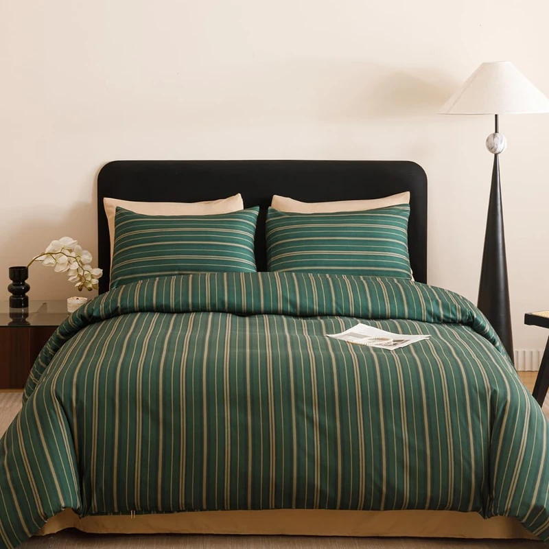 CLOTHKNOW Green Striped Full Comforter Set 3Pcs Green Khaki Black Bedding Comforter Sets Ticking Farmhouse Comforter Full Hunter Green Comforter Soft Boho